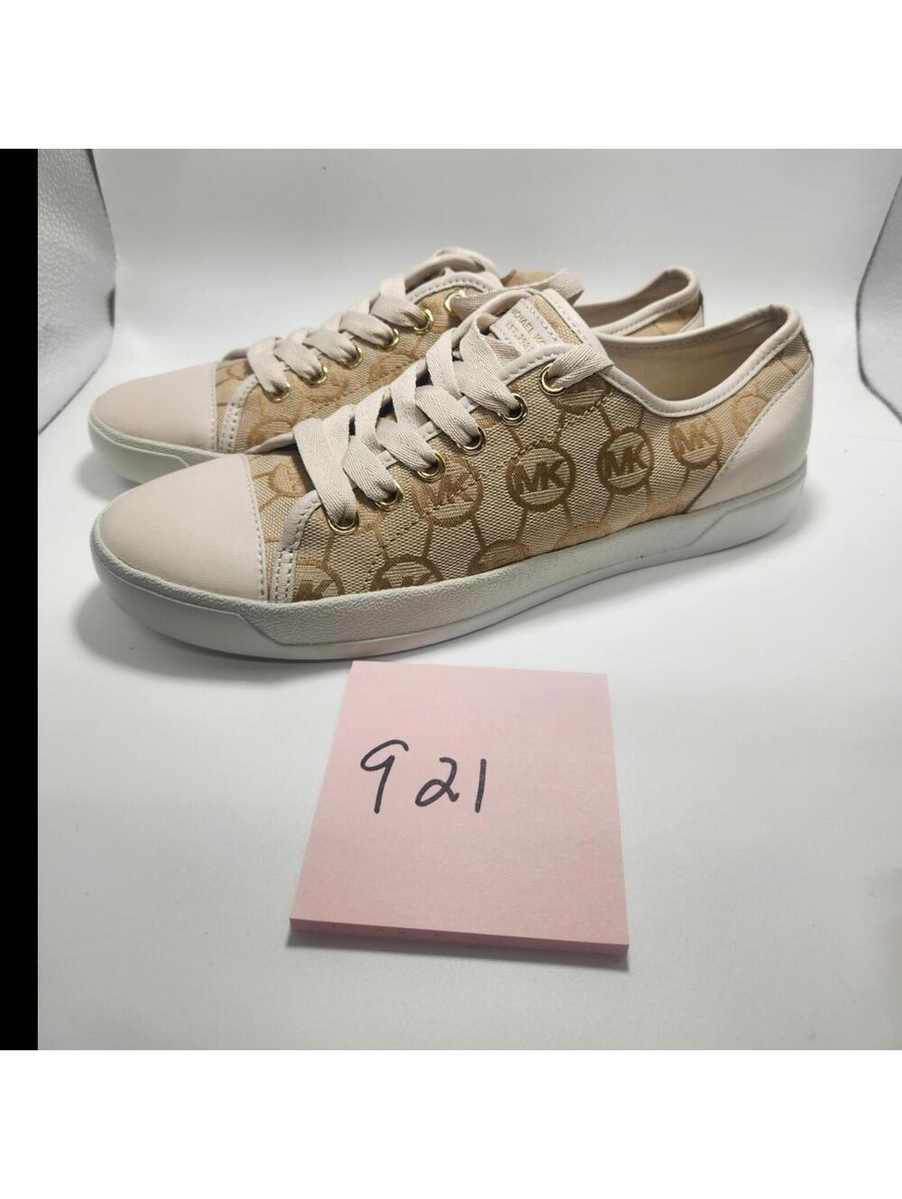 Michael Kors Beige White Logo Low Top Lace-Up Sneakers Gold Accents Women